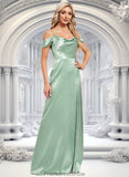 Pat A-line Cowl Cold Shoulder Floor-Length Stretch Satin Bridesmaid Dress With Bow Ruffle STKP0025807