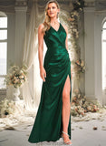 Jaelyn A-line V-Neck Floor-Length Stretch Satin Bridesmaid Dress STKP0025746