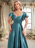 Jacquelyn A-line V-Neck Floor-Length Stretch Satin Bridesmaid Dress With Ruffle STKP0025780