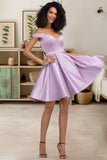 Ellie A-line Off the Shoulder Short/Mini Satin Homecoming Dress With Bow STKP0020568