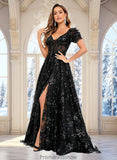 Erica A-line V-Neck Sweep Train Floral Lace Prom Dresses With Sequins STKP0025869