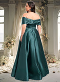 Abbie A-line Off the Shoulder Floor-Length Satin Prom Dresses With Pleated STKP0025851