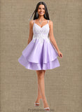 Sierra A-line V-Neck Short Satin Homecoming Dress With Appliques Lace STKP0025696