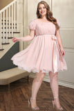 Piper A-line Square Short/Mini Chiffon Satin Homecoming Dress With Beading Bow Ruffle STKP0020597