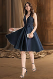 Marlie A-line V-Neck Knee-Length Lace Satin Homecoming Dress With Beading STKP0020517