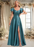 Jacquelyn A-line V-Neck Floor-Length Stretch Satin Bridesmaid Dress With Ruffle STKP0025780