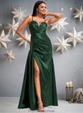 Kaylah A-line V-Neck Floor-Length Stretch Satin Bridesmaid Dress STKP0025745