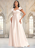 Cali A-line V-Neck Floor-Length Stretch Satin Bridesmaid Dress With Bow STKP0025759