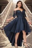 Everly A-line Off the Shoulder Asymmetrical Lace Satin Homecoming Dress With Sequins STKP0020580