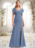 Rowan A-line V-Neck Floor-Length Chiffon Bridesmaid Dress With Ruffle STKP0025729