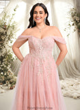 Jazlynn A-line Sweetheart Off the Shoulder Floor-Length Tulle Floral Lace Prom Dresses With Appliques Lace STKP0025870