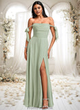 Jaidyn A-line Cowl Floor-Length Chiffon Bridesmaid Dress With Bow STKP0025738