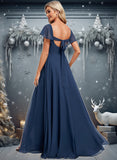 Maribel A-line V-Neck Floor-Length Chiffon Bridesmaid Dress With Ruffle STKP0025802