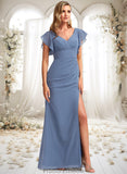 Rowan A-line V-Neck Floor-Length Chiffon Bridesmaid Dress With Ruffle STKP0025729