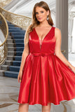 Neveah A-line V-Neck Short/Mini Satin Homecoming Dress With Bow STKP0020583