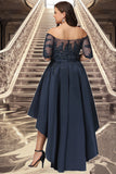 Everly A-line Off the Shoulder Asymmetrical Lace Satin Homecoming Dress With Sequins STKP0020580