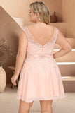 Piper A-line V-Neck Knee-Length Chiffon Lace Homecoming Dress With Beading STKP0020565