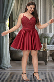 Maribel A-line V-Neck Short/Mini Lace Satin Homecoming Dress With Beading STKP0020554