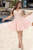 Salma A-line V-Neck Short/Mini Tulle Homecoming Dress With Beading STKP0020538