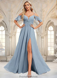 Gina A-line Cold Shoulder Floor-Length Chiffon Bridesmaid Dress With Ruffle STKP0025797