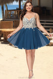 Natalee A-line V-Neck Short/Mini Chiffon Lace Homecoming Dress With Beading STKP0020572