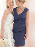 Jasmine Sheath/Column Charmeuse Ruched V-neck Short Sleeves Knee-Length Mother of the Bride Dresses STKP0020327