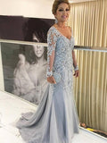 Kelly Sheath/Column Tulle Applique V-neck Long Sleeves Sweep/Brush Train Mother of the Bride Dresses STKP0020380