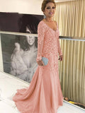 Kelly Sheath/Column Tulle Applique V-neck Long Sleeves Sweep/Brush Train Mother of the Bride Dresses STKP0020380