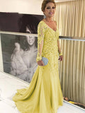 Kelly Sheath/Column Tulle Applique V-neck Long Sleeves Sweep/Brush Train Mother of the Bride Dresses STKP0020380