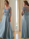 Serenity A-Line/Princess Satin Applique V-neck 3/4 Sleeves Floor-Length Mother of the Bride Dresses STKP0020381