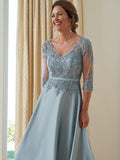 Serenity A-Line/Princess Satin Applique V-neck 3/4 Sleeves Floor-Length Mother of the Bride Dresses STKP0020381