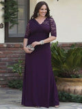 Giuliana A-Line/Princess Satin Lace V-neck 1/2 Sleeves Floor-Length Mother of the Bride Dresses STKP0020382