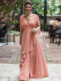 Avery A-Line/Princess Chiffon Ruffles V-neck Long Sleeves Floor-Length Mother of the Bride Dresses STKP0020384