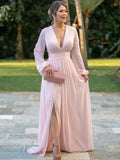 Ayla A-Line/Princess Chiffon Ruffles V-neck Long Sleeves Sweep/Brush Train Mother of the Bride Dresses STKP0020387