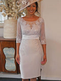 Naomi Sheath/Column Elastic Woven Satin Applique Scoop 3/4 Sleeves Knee-Length Mother of the Bride Dresses STKP0020394