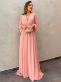 Frederica A-Line/Princess Chiffon Ruffles V-neck Long Sleeves Sweep/Brush Train Mother of the Bride Dresses STKP0020407