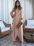 Crystal A-Line/Princess Silk like Satin Ruched V-neck Long Sleeves Floor-Length Mother of the Bride Dresses STKP0020410