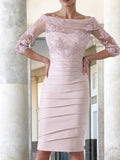 Jade Sheath/Column Satin Applique Scoop 3/4 Sleeves Knee-Length Mother of the Bride Dresses STKP0020414