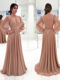 Giada A-Line/Princess Chiffon Lace V-neck Long Sleeves Sweep/Brush Train Mother of the Bride Dresses STKP0020421