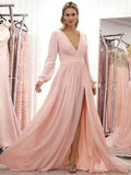 Brooklyn A-Line/Princess Chiffon Ruffles V-neck Long Sleeves Sweep/Brush Train Mother of the Bride Dresses STKP0020429