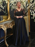 Kenna A-Line/Princess Satin Lace V-neck Long Sleeves Sweep/Brush Train Mother of the Bride Dresses STKP0020439