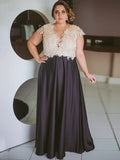 Nola A-Line/Princess Satin Lace V-neck Short Sleeves Floor-Length Mother of the Bride Dresses STKP0020374