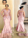 Deanna Trumpet/Mermaid Satin Applique V-neck Long Sleeves Floor-Length Mother of the Bride Dresses STKP0020445