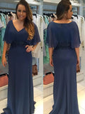 Jade Sheath/Column Chiffon Applique V-neck Short Sleeves Sweep/Brush Train Mother of the Bride Dresses STKP0020284