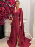 Emilia A-Line/Princess Chiffon Ruched V-neck Long Sleeves Court Train Mother of the Bride Dresses STKP0020287