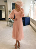 Thalia A-Line/Princess Chiffon Ruffles V-neck 3/4 Sleeves Tea-Length Mother of the Bride Dresses STKP0020295