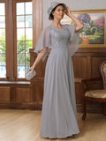 Genesis A-Line/Princess Chiffon Applique V-neck 1/2 Sleeves Floor-Length Mother of the Bride Dresses STKP0020334