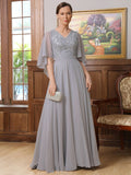 Genesis A-Line/Princess Chiffon Applique V-neck 1/2 Sleeves Floor-Length Mother of the Bride Dresses STKP0020334