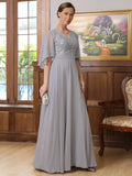 Genesis A-Line/Princess Chiffon Applique V-neck 1/2 Sleeves Floor-Length Mother of the Bride Dresses STKP0020334