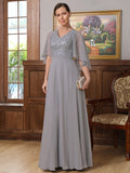 Genesis A-Line/Princess Chiffon Applique V-neck 1/2 Sleeves Floor-Length Mother of the Bride Dresses STKP0020334